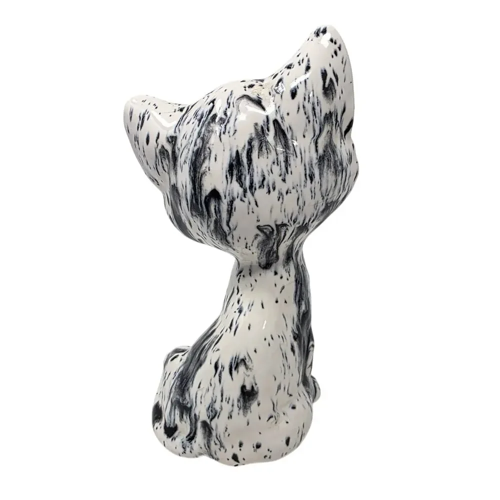 Vintage Big Eye Cat Figurine Black White Ceramic 7in Hairline Crack